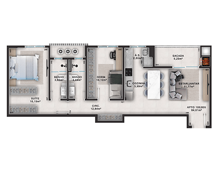 Apartamento | 84,61 m² -  2 dormitórios sendo 1 suíte