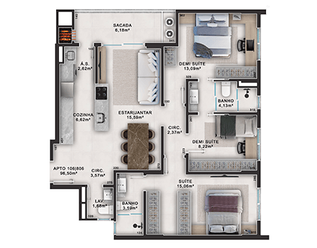 Apartamento | 96,50 m² -  1 suíte e 2 demisuítes