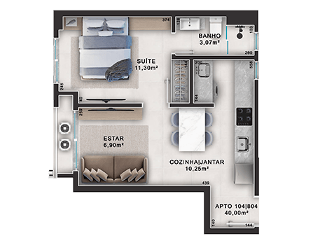 Apartamento | 40,99 m² -  1 suíte