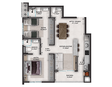 Apartamento | 77,11 m² -  2 suítes
