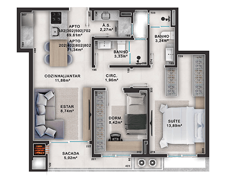 Apartamento | 69,61 m² e 71,34 m² -  2 dormitórios sendo 1 suíte